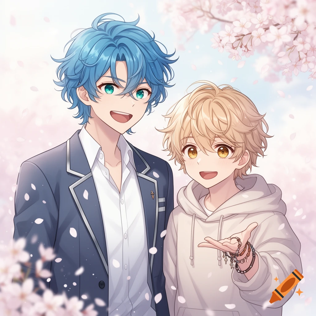 Two smiling anime boys, one with blue hair in a school uniform and one with blonde hair in a hoodie, stand among pink cherry blossoms.