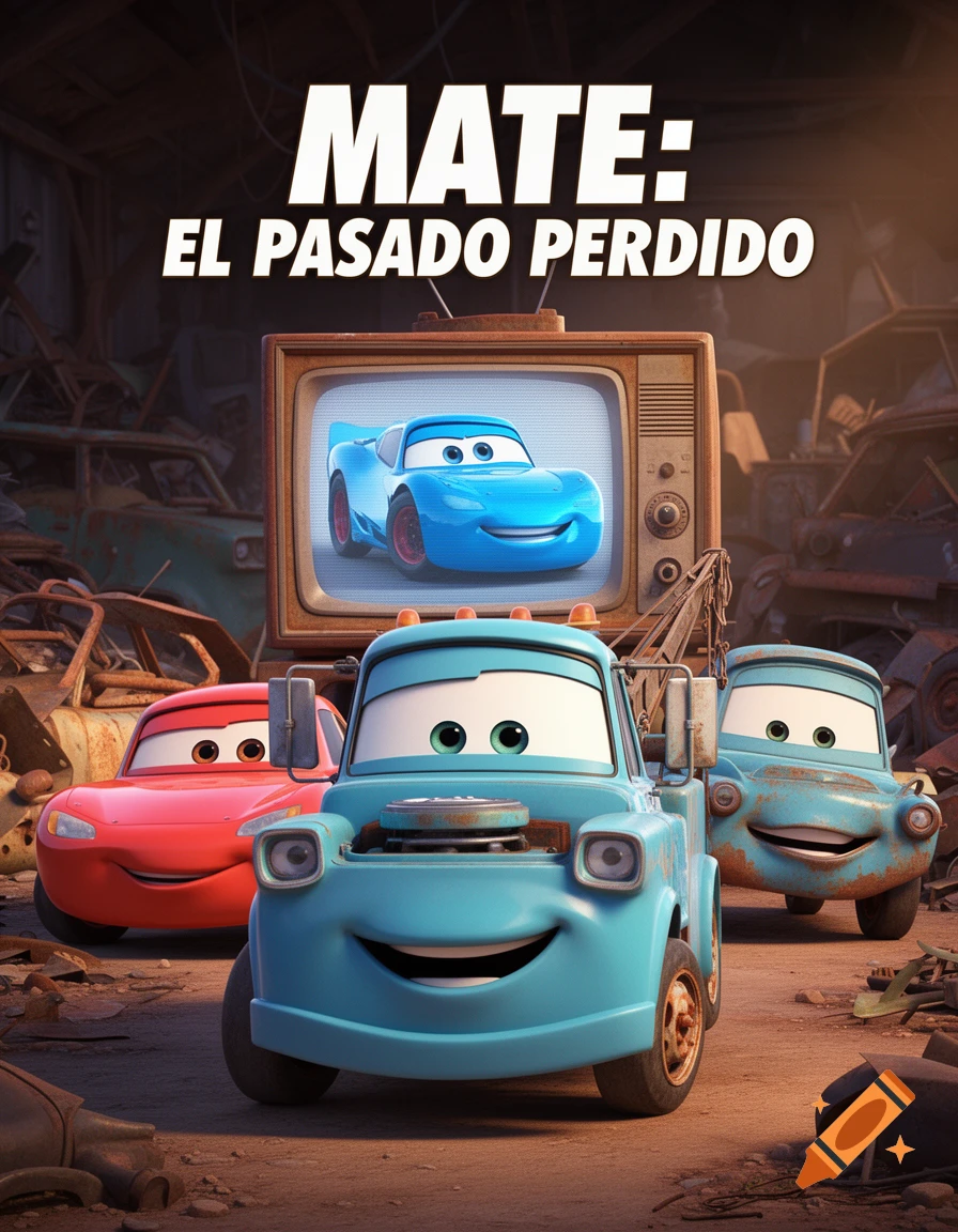 A movie poster for 'Mate: El Pasado Perdido' features a young, bright blue Mater, a red car, and a rusty Mater in a junkyard, with a blue Lightning McQueen on a TV.