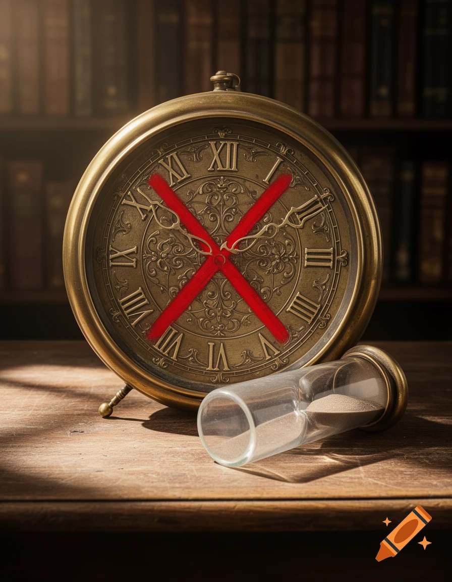 A brass antique clock with a red 'X' on its face sits next to an overturned hourglass on a wooden table, with bookshelves in the background.