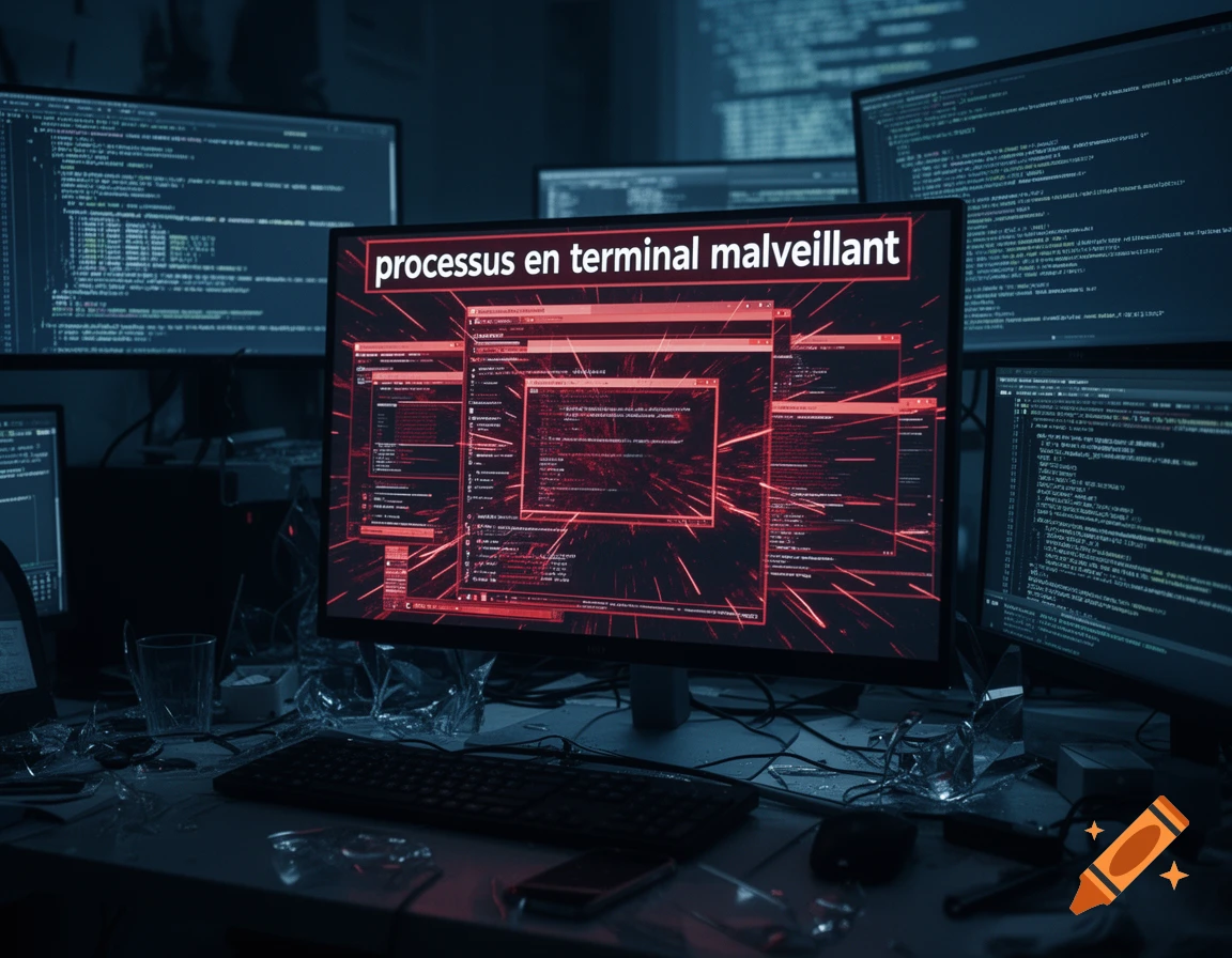 Multiple computer monitors display code and a central screen shows a red 'malicious terminal process' warning on a cluttered desk.