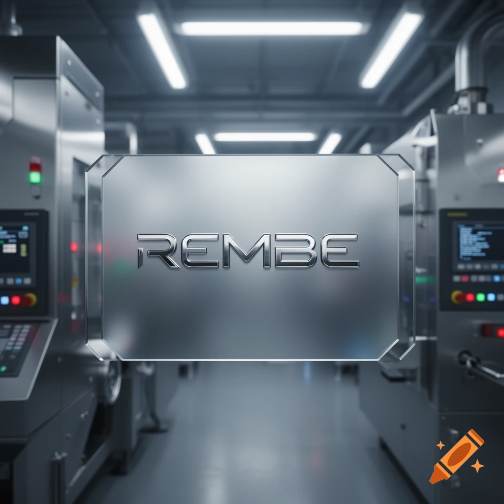 A photorealistic, sleek industrial setting with the word 'REMBE' on a translucent screen, surrounded by machinery.