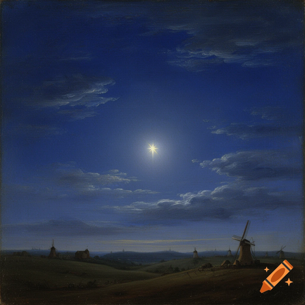A dark blue night sky with a bright star over a landscape with windmills, in the style of a Dutch painting.