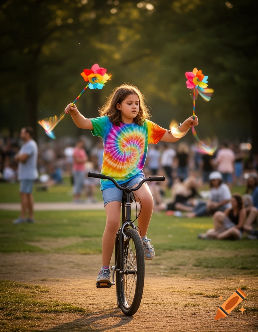 A young girl in a tie-dye shirt rides a unicycle in a sunny park, holding two spinning colorful pinwheels.