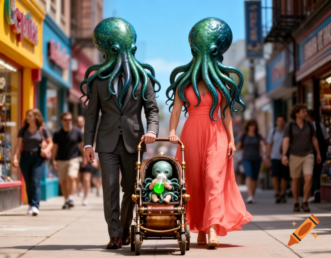 Two photorealistic octopus-headed figures, one in a suit and one in a dress, push a stroller with a baby octopus on a city street.