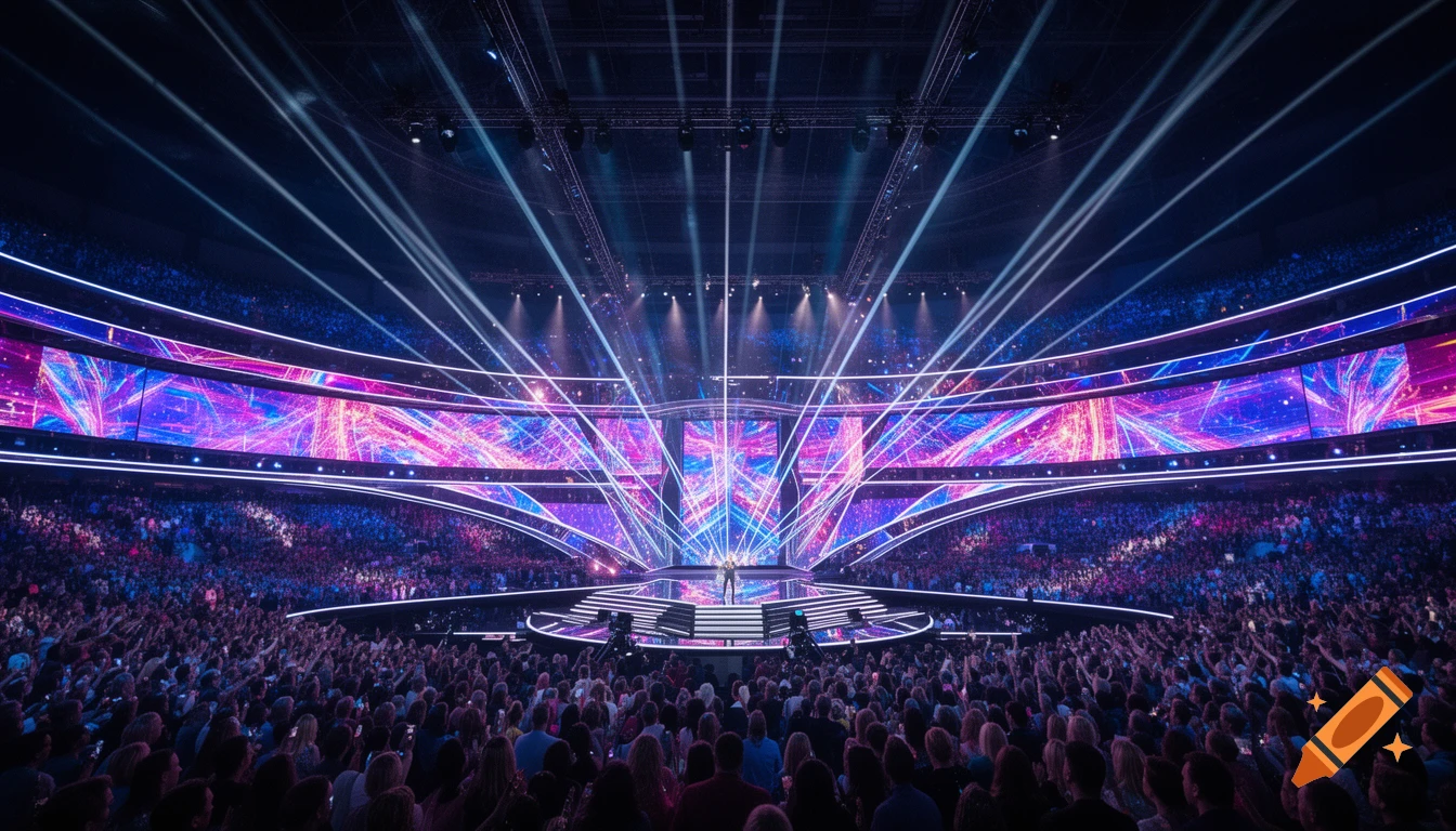 A large concert arena with a futuristic stage bathed in vibrant purple and blue lights, filled with a cheering crowd.