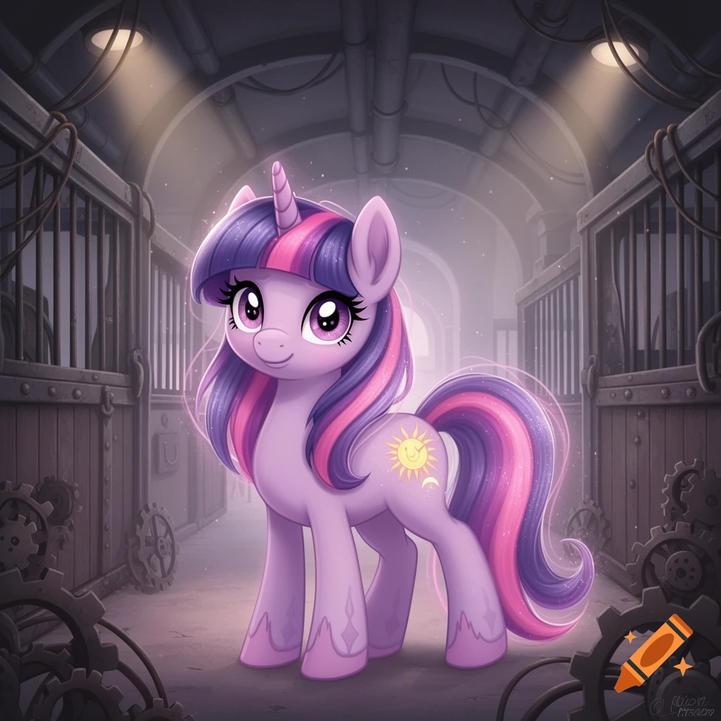 A cute purple unicorn pony with a pink and purple mane stands in a dark, industrial stable with gears and pipes, in a cartoon fantasy style.