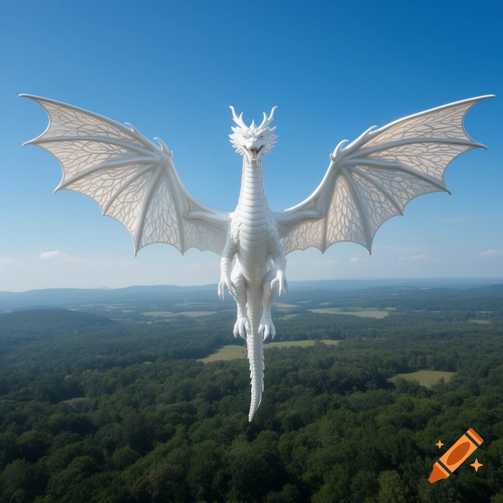 A white porcelain dragon with outstretched wings flies over a vast green forest under a clear blue sky.