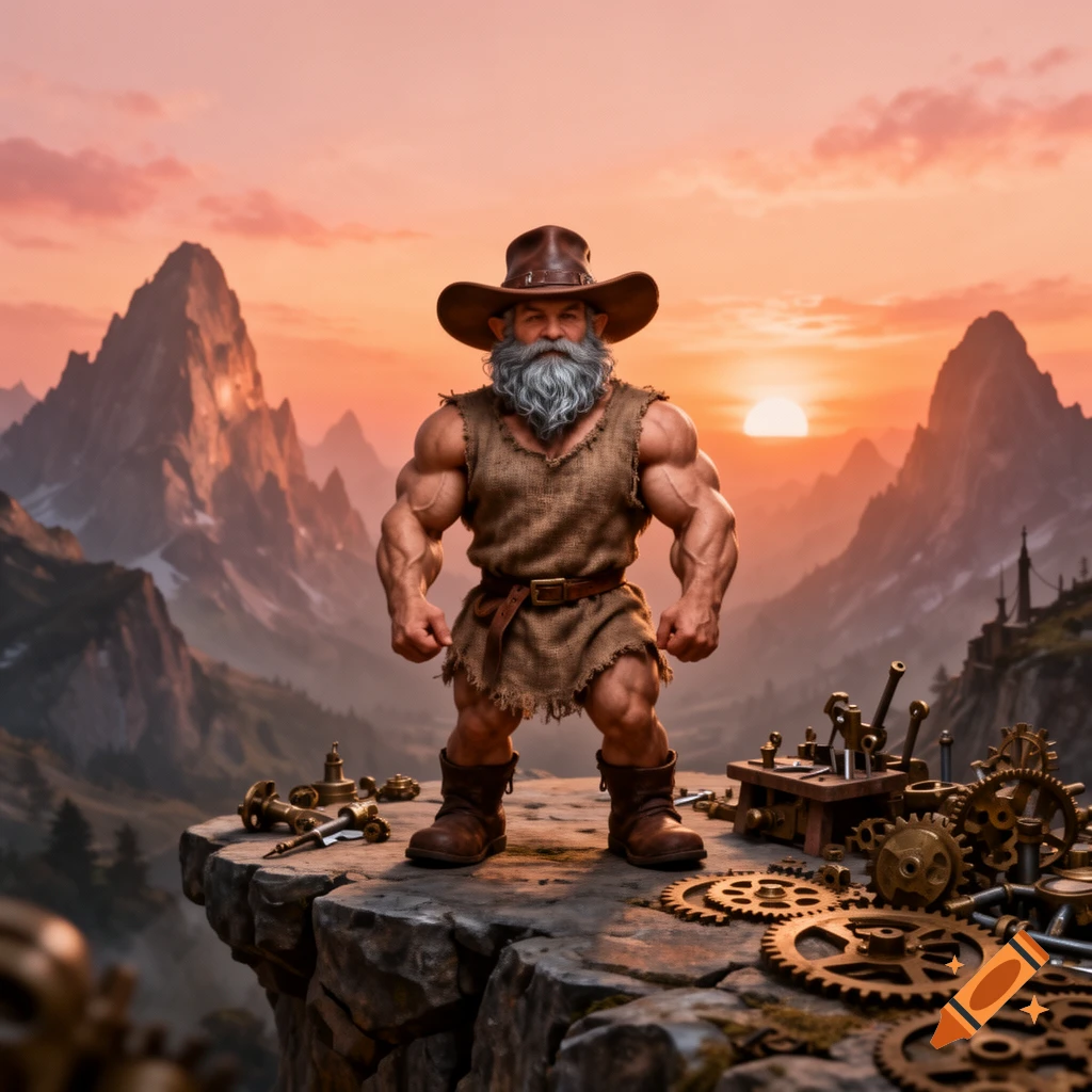 A very muscular, bearded gnome in a cowboy hat stands on a cliff with steampunk gears, mountains, and a sunset.