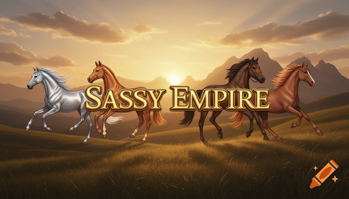 Four stylized horses run through a golden field at sunset, with mountains in the background. 'SASSY EMPIRE' is written across the sky.