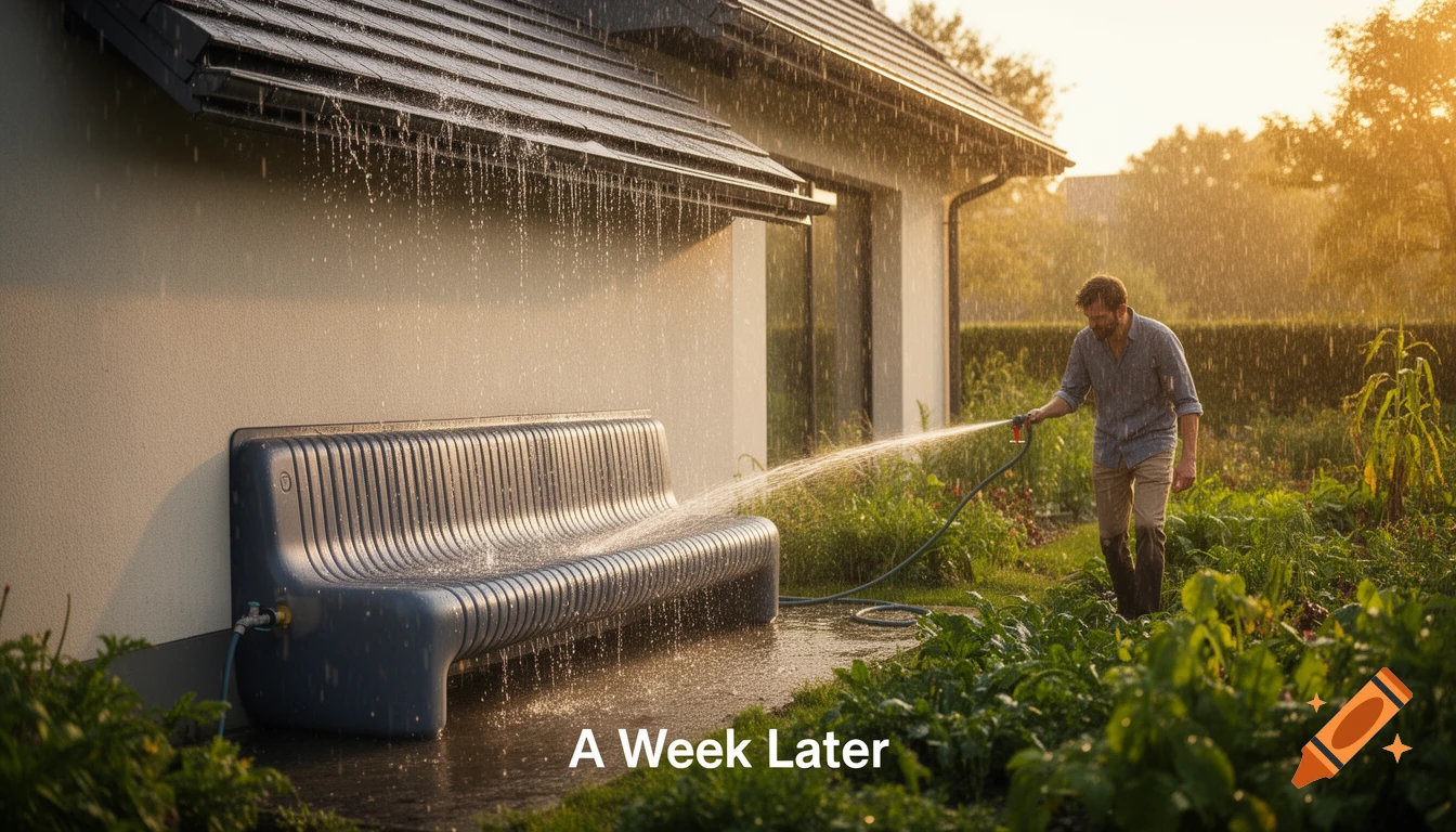 A man waters a lush garden with a hose connected to a modern water-collecting bench attached to a house wall. Rain falls from the roof.