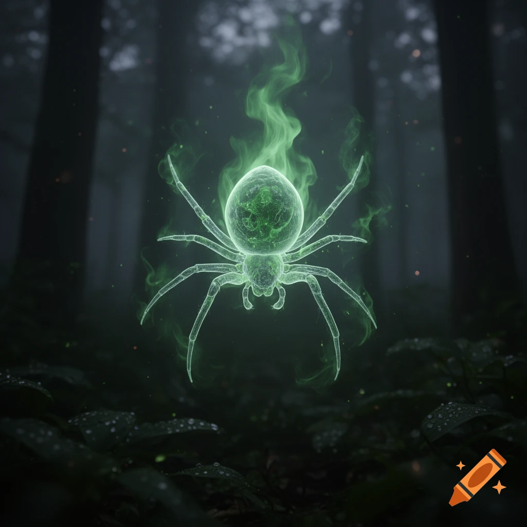 A glowing green, translucent spider with smoky tendrils floats in a dark, misty forest.