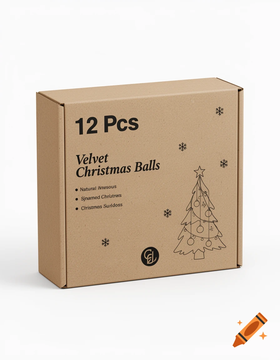 A photorealistic 3D perspective of a natural brown kraft paper cardboard box for "Velvet Christmas Balls" on a white studio background. It features a minimalist hand-drawn Christmas tree, snowflakes, and a brand logo, with some garbled text for bullet points.