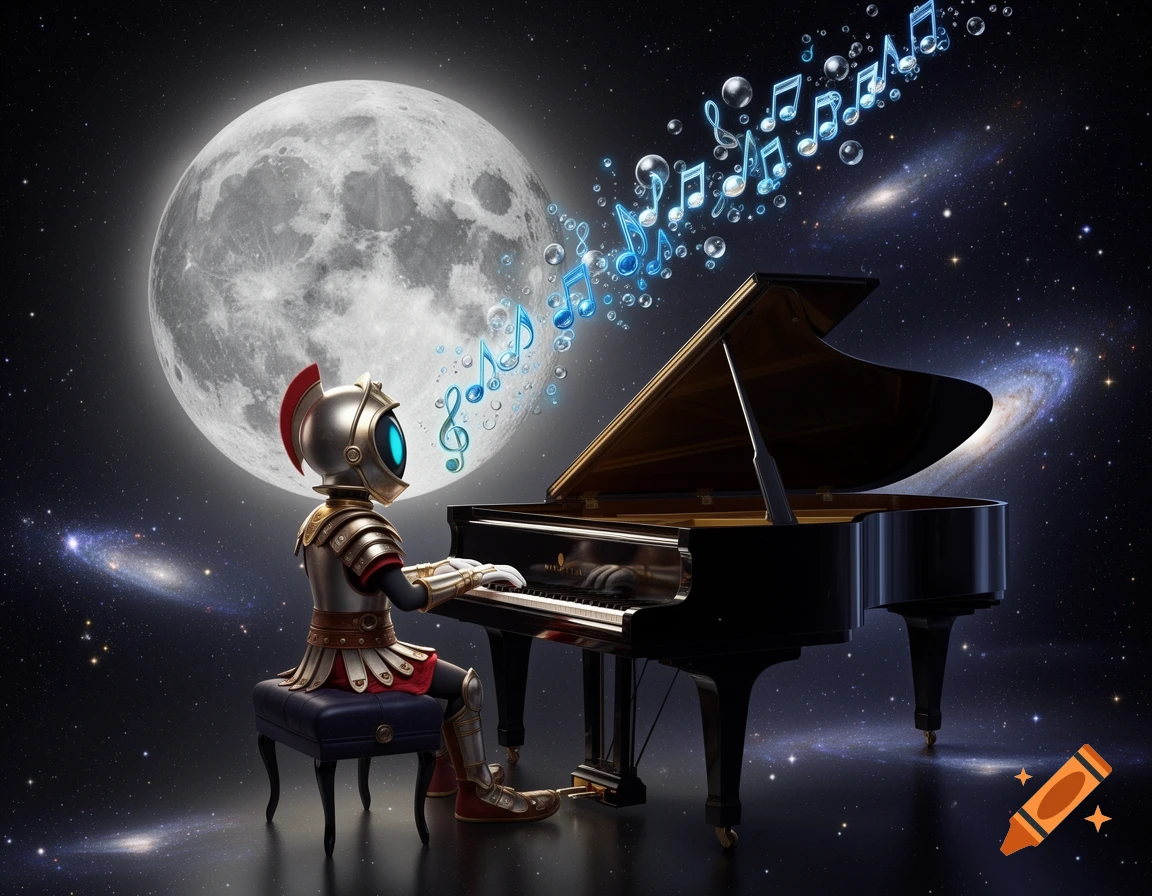 A robot in golden armor with a red plume plays a grand piano under a giant full moon in a star-filled galaxy, with glowing blue musical notes floating upwards.