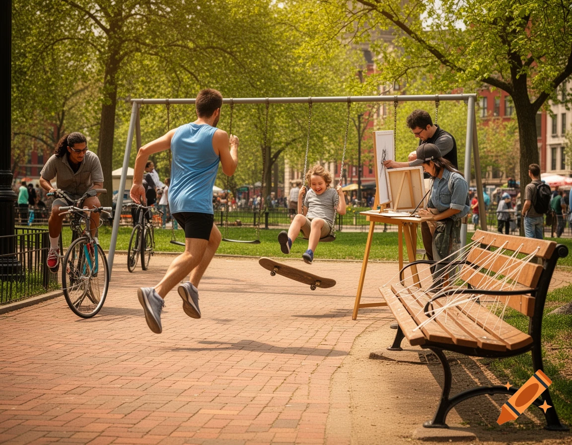 A vibrant outdoor scene in a park with a man running, another on a bicycle, a child on a swing, and two people painting near a uniquely strung bench. Sunlight filters through green trees.