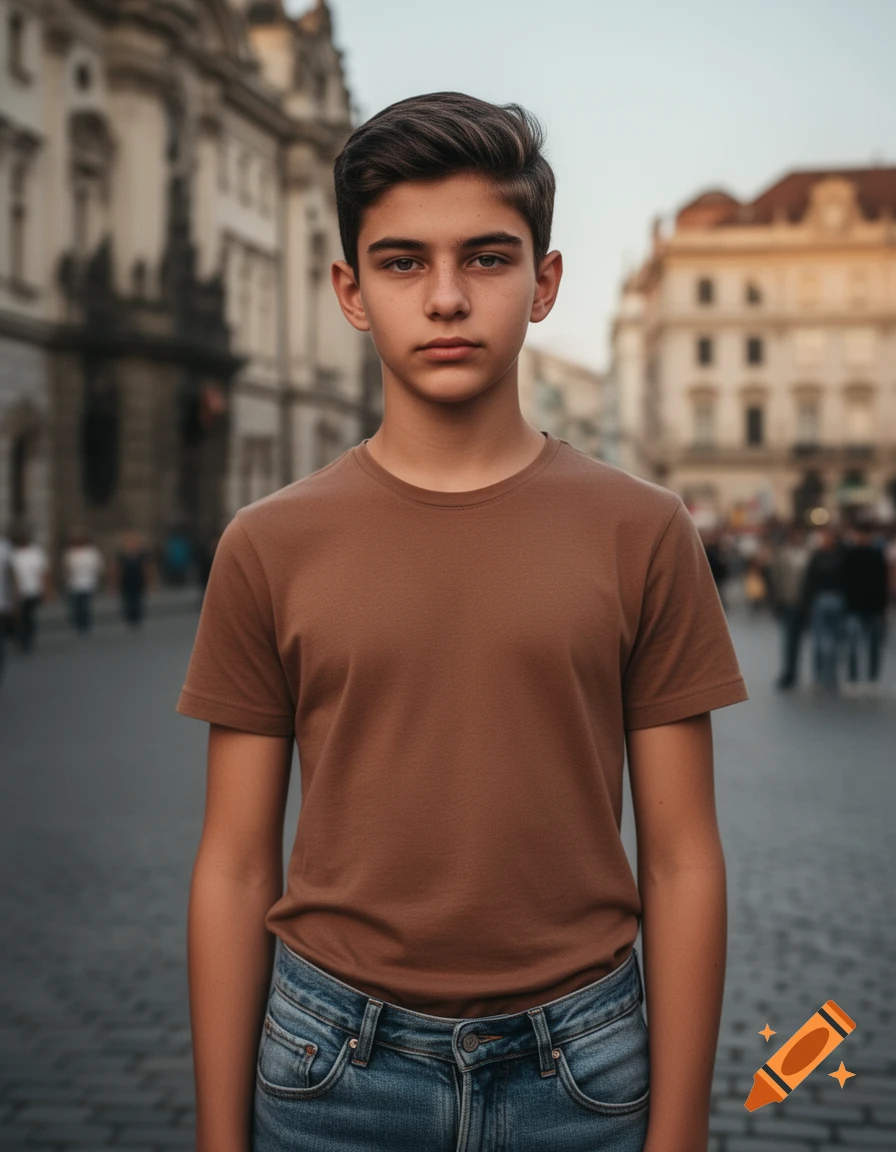 A serious young boy with dark hair and a brown t-shirt stands on a cobblestone street in front of blurred historic buildings.