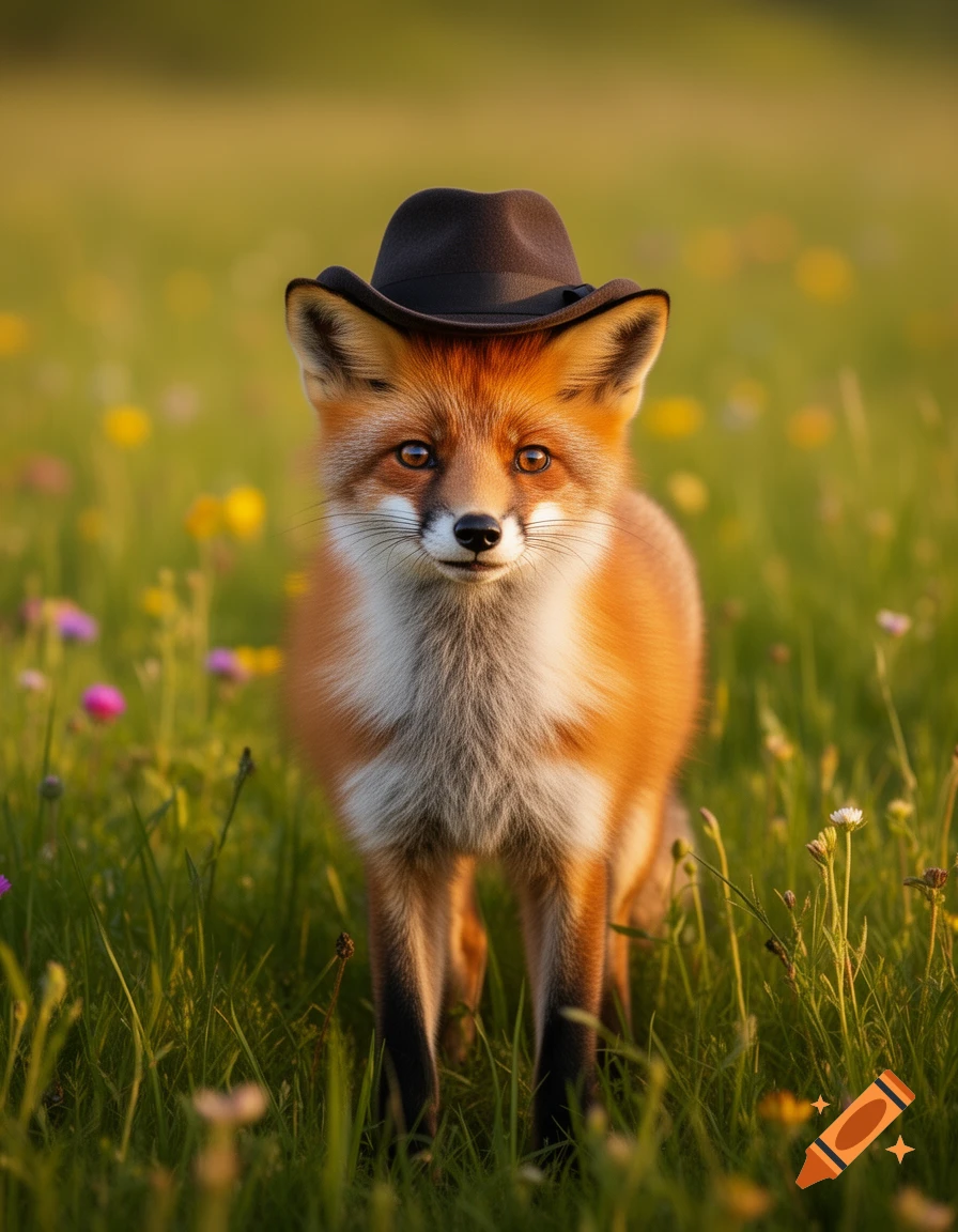 A photorealistic fox wearing a dark hat stands in a vibrant green field filled with small colorful wildflowers.