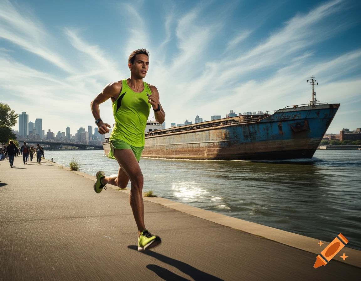 A man in green sportswear runs along a waterfront path, a large rusted barge on the river, and a city skyline in the background under a blue sky.