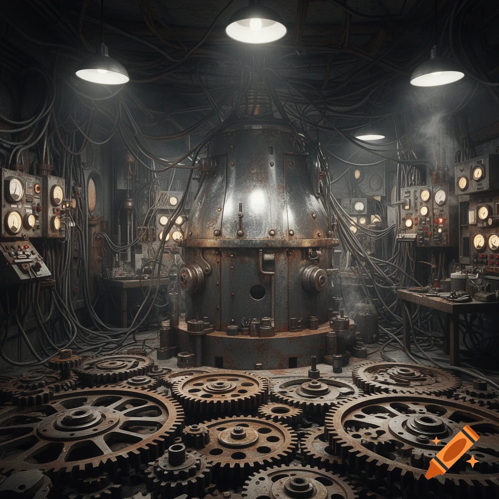 A dimly lit industrial room with a large, rusty central machine, many tangled cables, control panels with glowing gauges, and various gears covering the floor, in a steampunk style.
