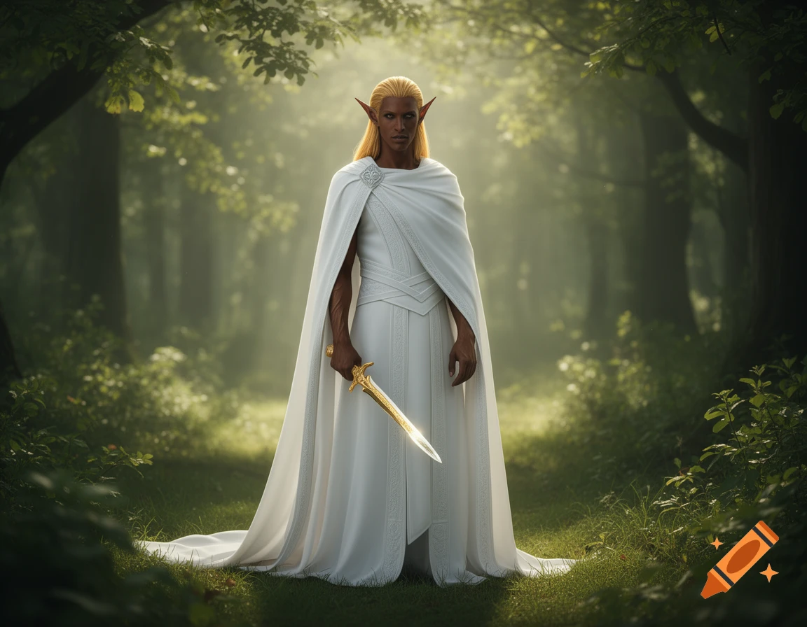 An elf with long blond hair and dark skin, wearing a long white cape ...