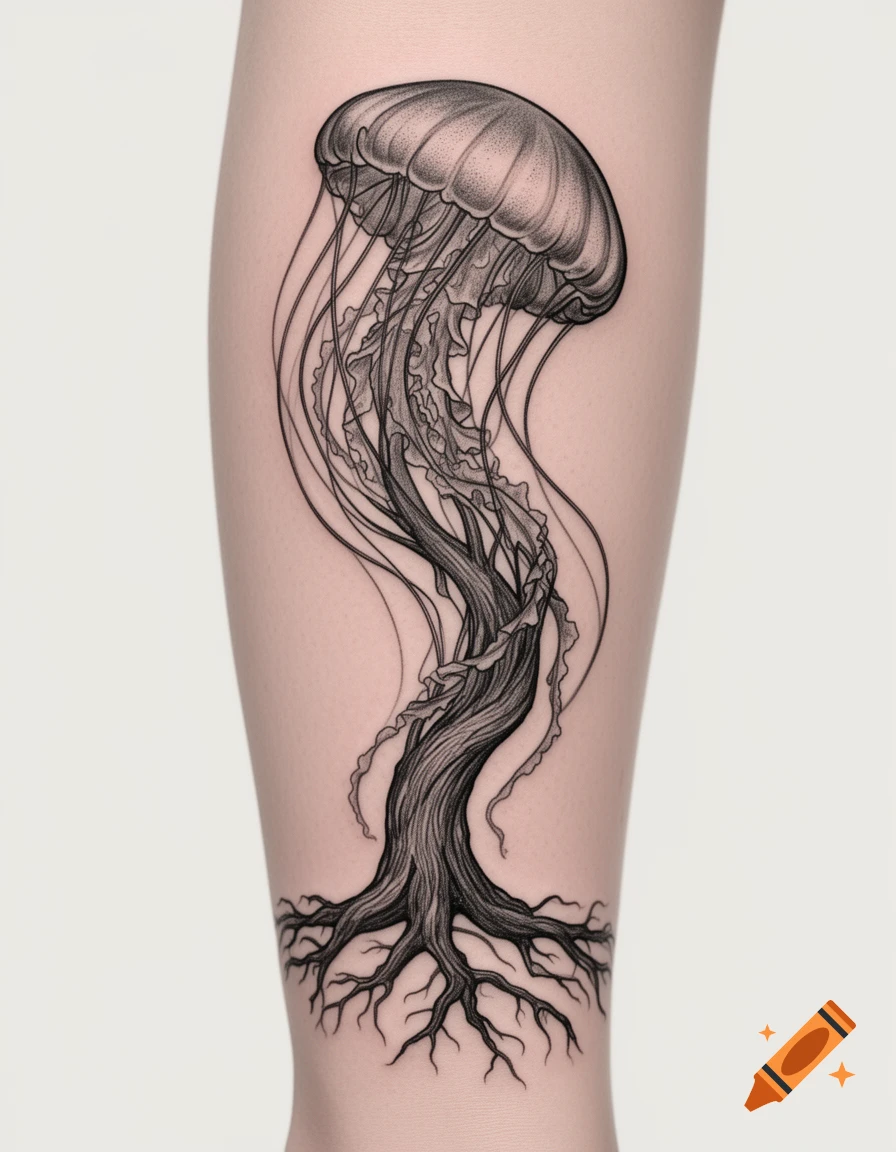 A black-and-grey tattoo on a leg, depicting a jellyfish with its tentacles transforming into a tree trunk and roots.