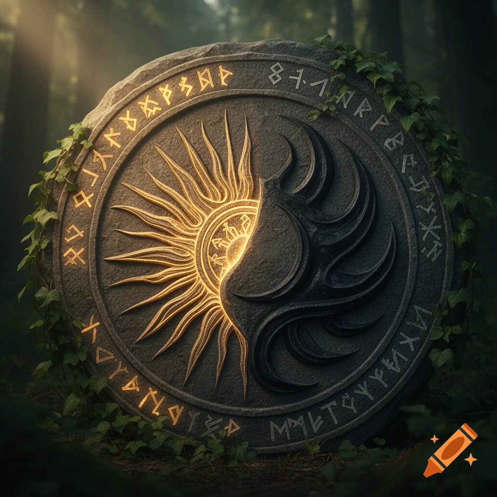 A circular stone symbol with a glowing half-sun and dark swirling patterns, covered in ivy, set in a mystical forest.