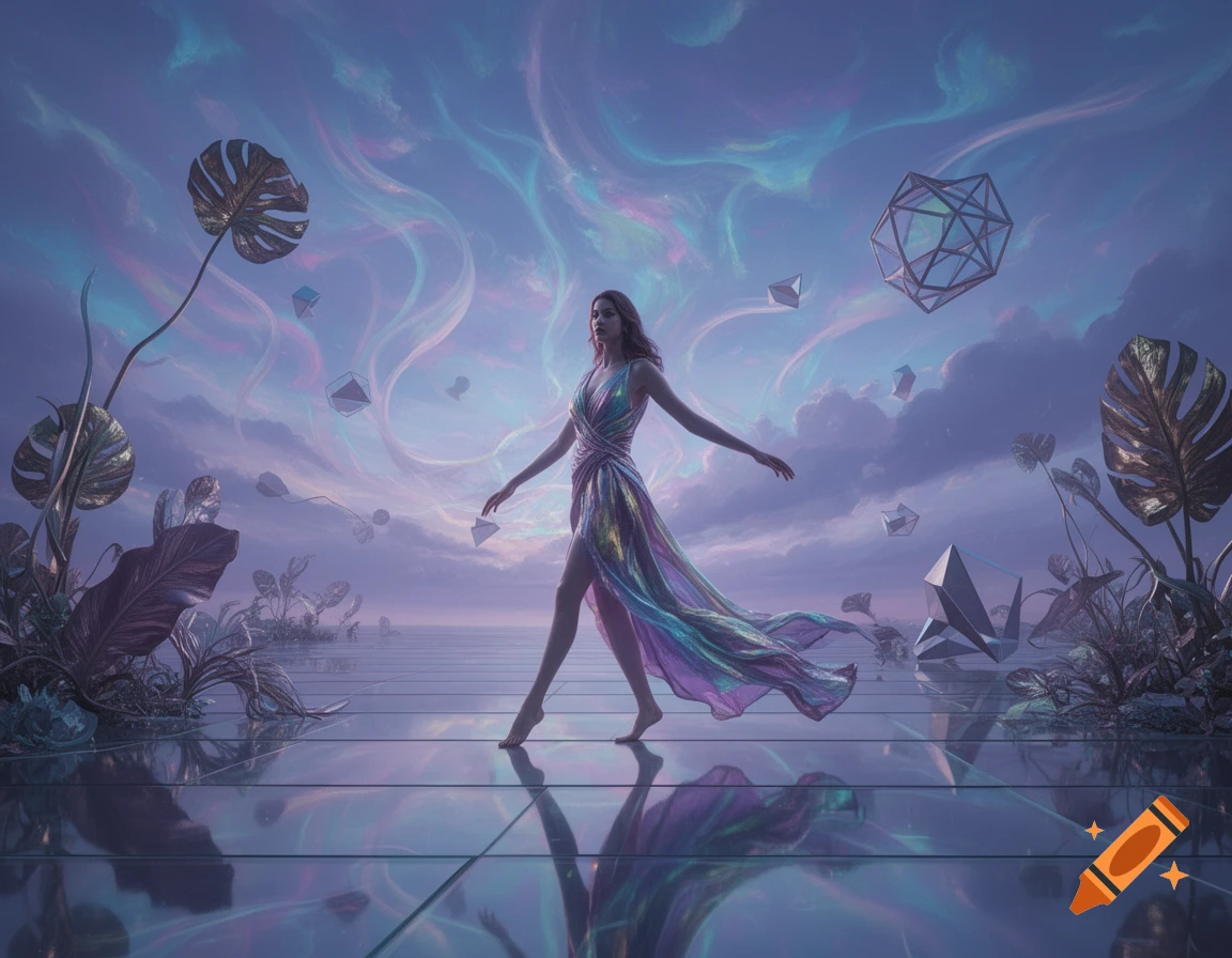 A woman in a flowing, iridescent dress walks on a reflective surface in a surreal landscape with glowing plants, floating geometric shapes, and a swirling purple and blue sky.