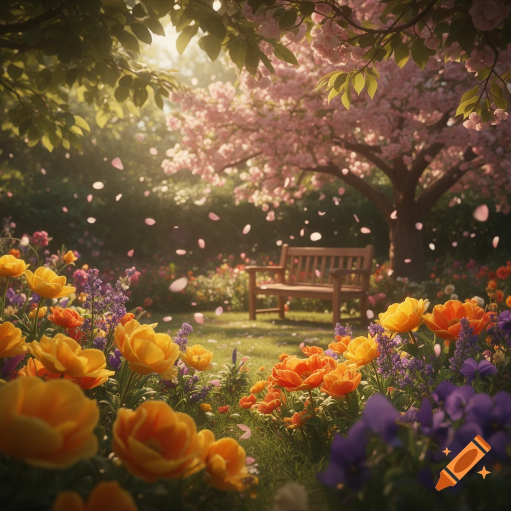 A vibrant, sunlit garden with orange and yellow tulips in the foreground, a wooden bench under a pink cherry blossom tree, and petals falling.