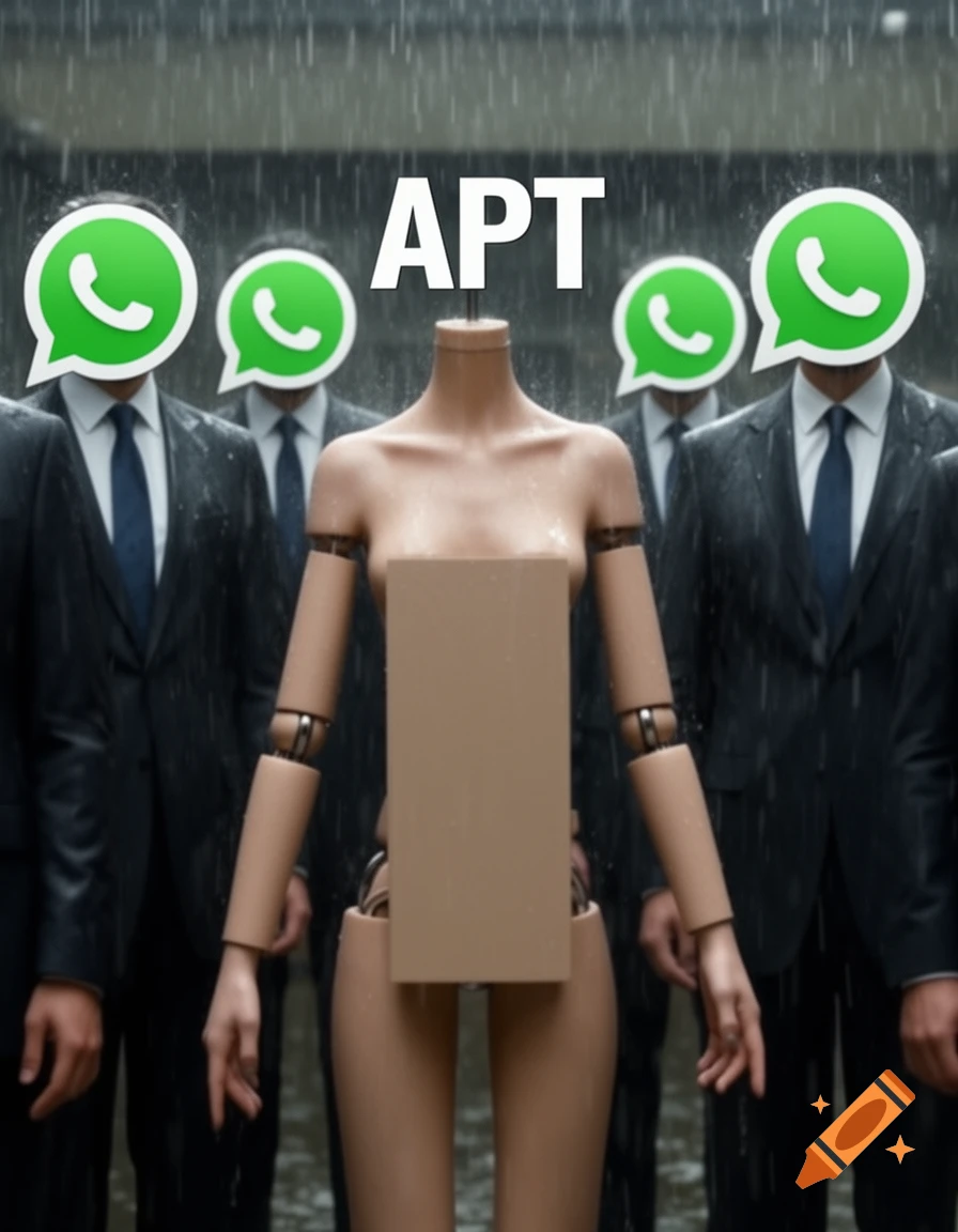 A headless mannequin with 'APT' written above it stands in heavy rain, flanked by men in suits with WhatsApp logos for heads.