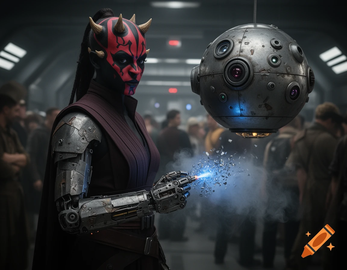 A female Zabrak character with red and black face markings, bionic arm, and a floating metallic sphere droid, in a gritty sci-fi setting.