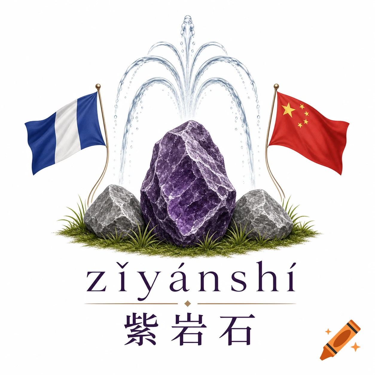 Logo with a purple rock fountain, flanked by gray rocks, grass, and French and Chinese flags, with 'z z i y á n s h í 紫岩石' text below.