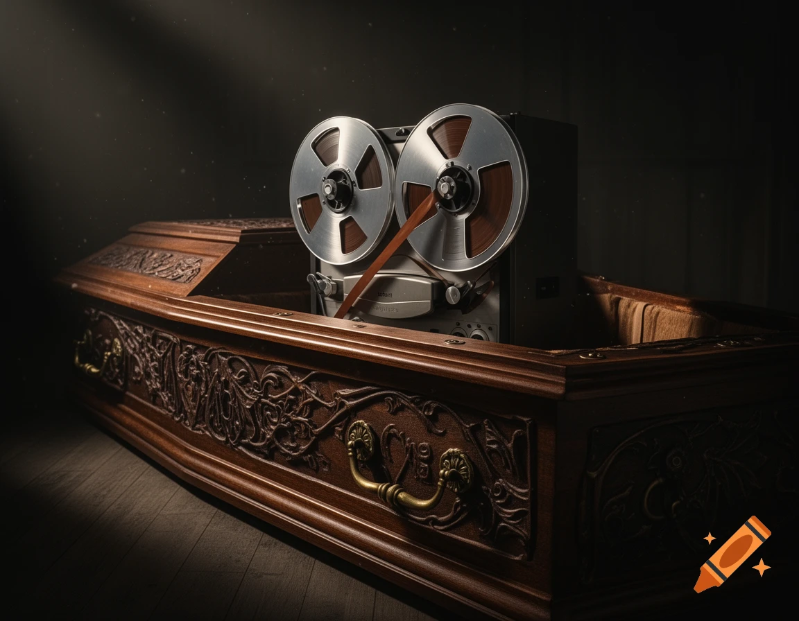 A vintage reel-to-reel tape machine sits open inside an ornate wooden coffin in a dimly lit room, creating a somber mood.