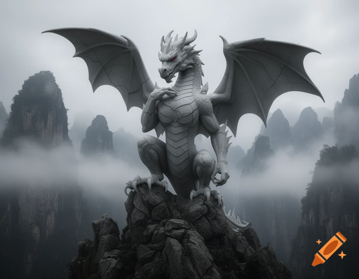 A grey dragon statue with red eyes sits menacingly on a rocky peak, surrounded by misty mountains.