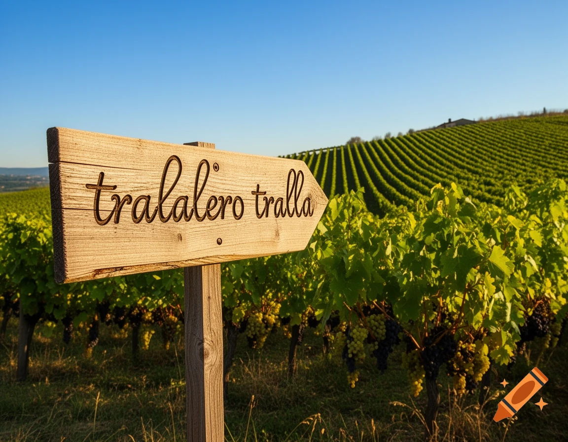 Wooden sign with 'tralalero tralla' in a sunlit vineyard.