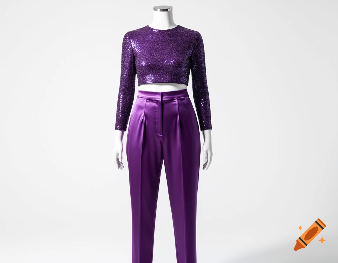 A mannequin wears a vibrant purple sequined long-sleeve crop top and matching high-waisted satin trousers.