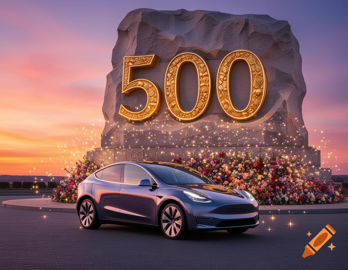 A blue Tesla Model Y parked in front of a stone monument with golden '500' numbers, surrounded by flowers and sparkling lights under a sunset sky.