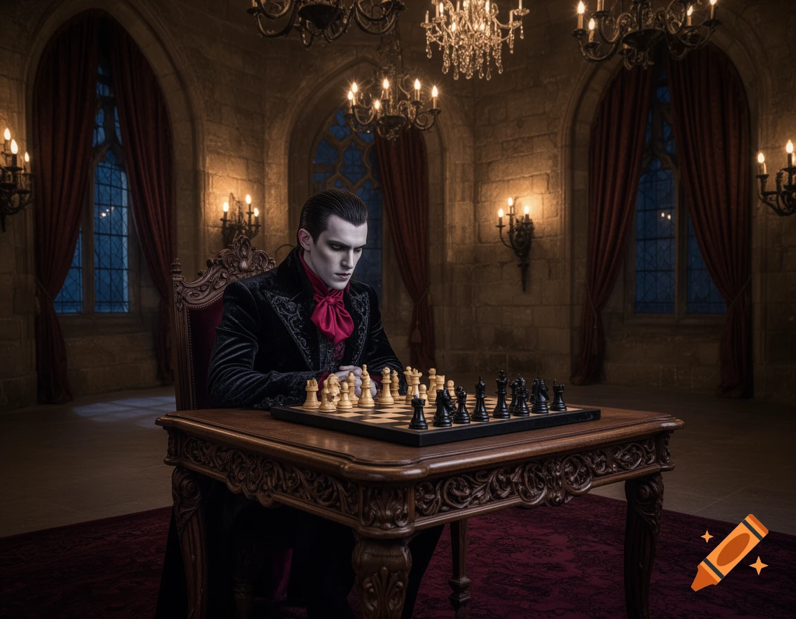 A pale vampire in a black velvet suit and red cravat sits focused on a chess game at a wooden table in a grand castle room.