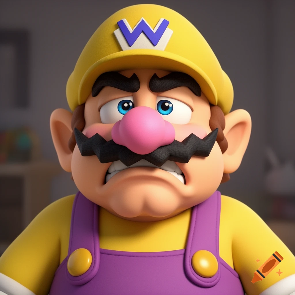 A 3D rendered close-up of Wario showing an angry, grimacing expression with gritted teeth. He wears his yellow cap with a purple 'W', yellow shirt, and purple overalls.