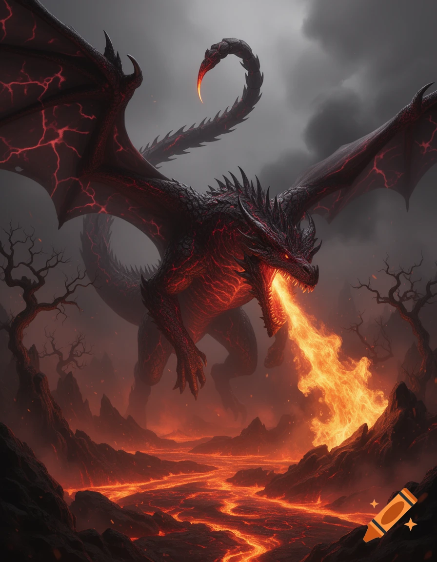 A powerful black and red fantasy dragon with large wings and a scorpion tail breathes fire over a fiery lava landscape under dark skies.