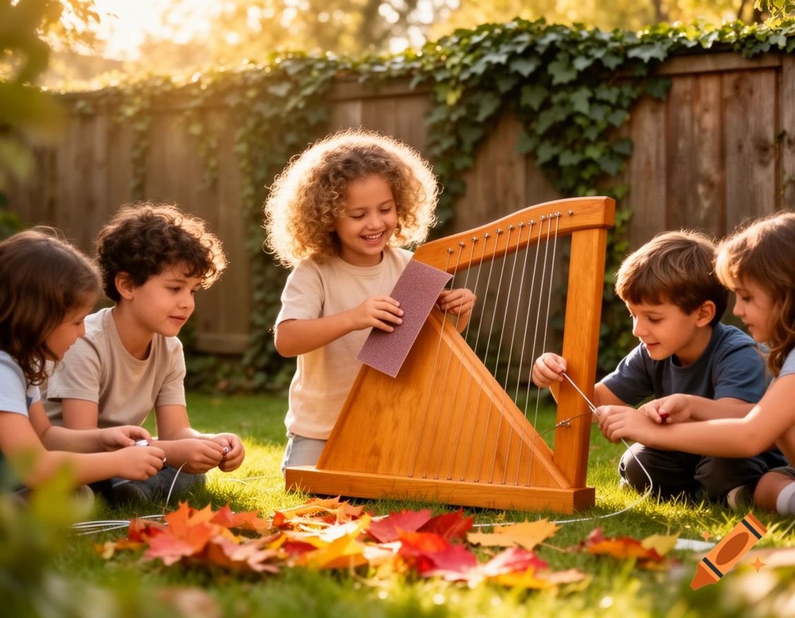 Children joyfully building a wooden harp-like instrument outdoors with autumn leaves on the grass, bathed in golden sunlight.