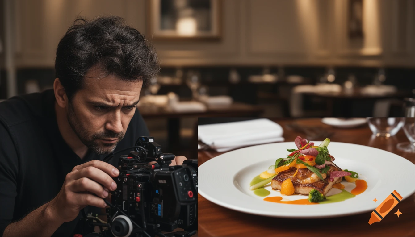 A concentrated videographer filming a beautifully plated gourmet dish in a restaurant setting, photorealistic.