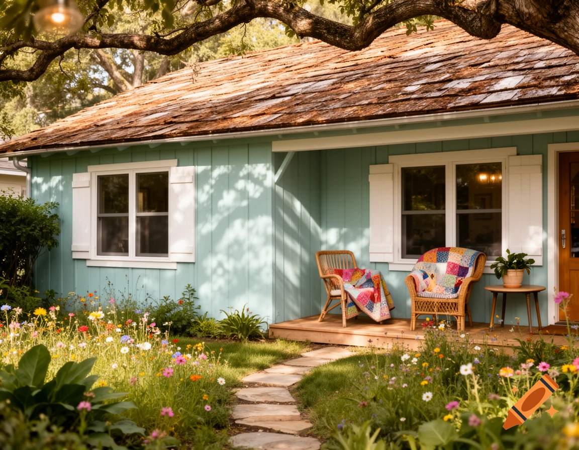 A charming teal house with a wooden roof, porch with wicker chairs and a quilt, and a vibrant wildflower garden with a stone path.