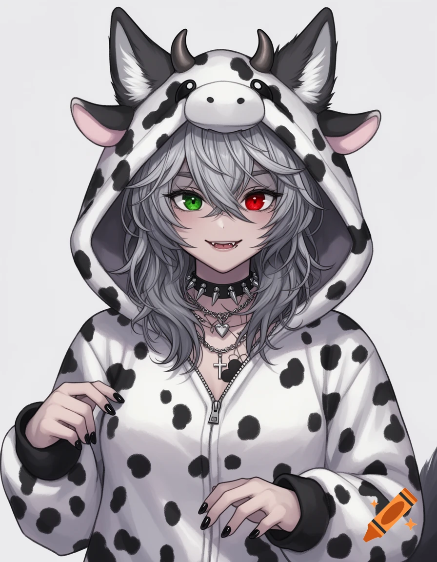 Anime illustration of a wolf-girl with silver hair, heterochromia, and fangs, wearing an oversized cow onesie, spiked choker, and necklaces.