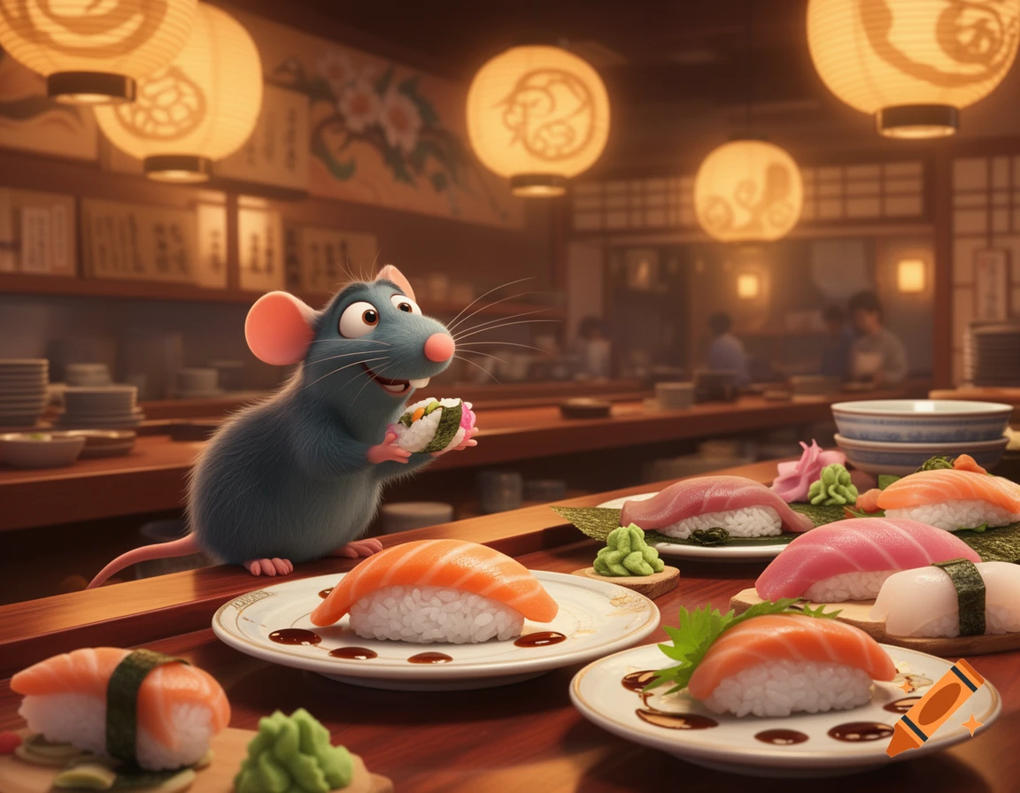 A cartoon rat, Remy from Ratatouille, holding a piece of sushi, stands on a counter surrounded by plates of sushi in a Japanese restaurant.
