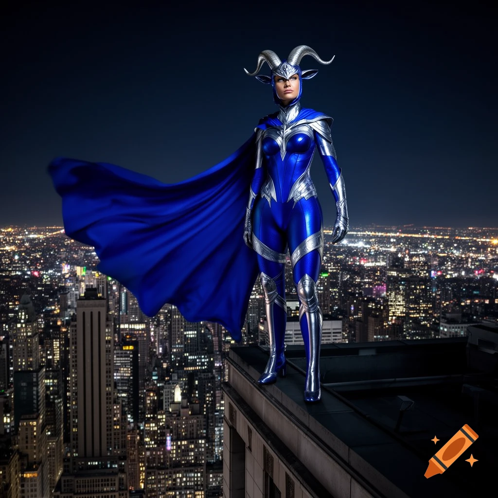 A female superhero in a blue and silver costume with goat horns and a cape stands on a city rooftop at night.