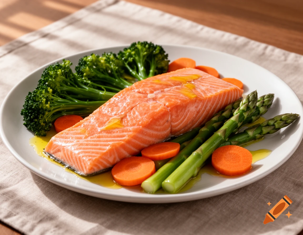 A cooked salmon fillet on a white plate with steamed broccoli, asparagus, and sliced carrots, drizzled with oil.