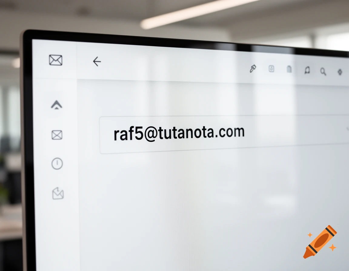 Close-up of a computer monitor showing an email interface with 'raf5@tutanota.com' in the input field.