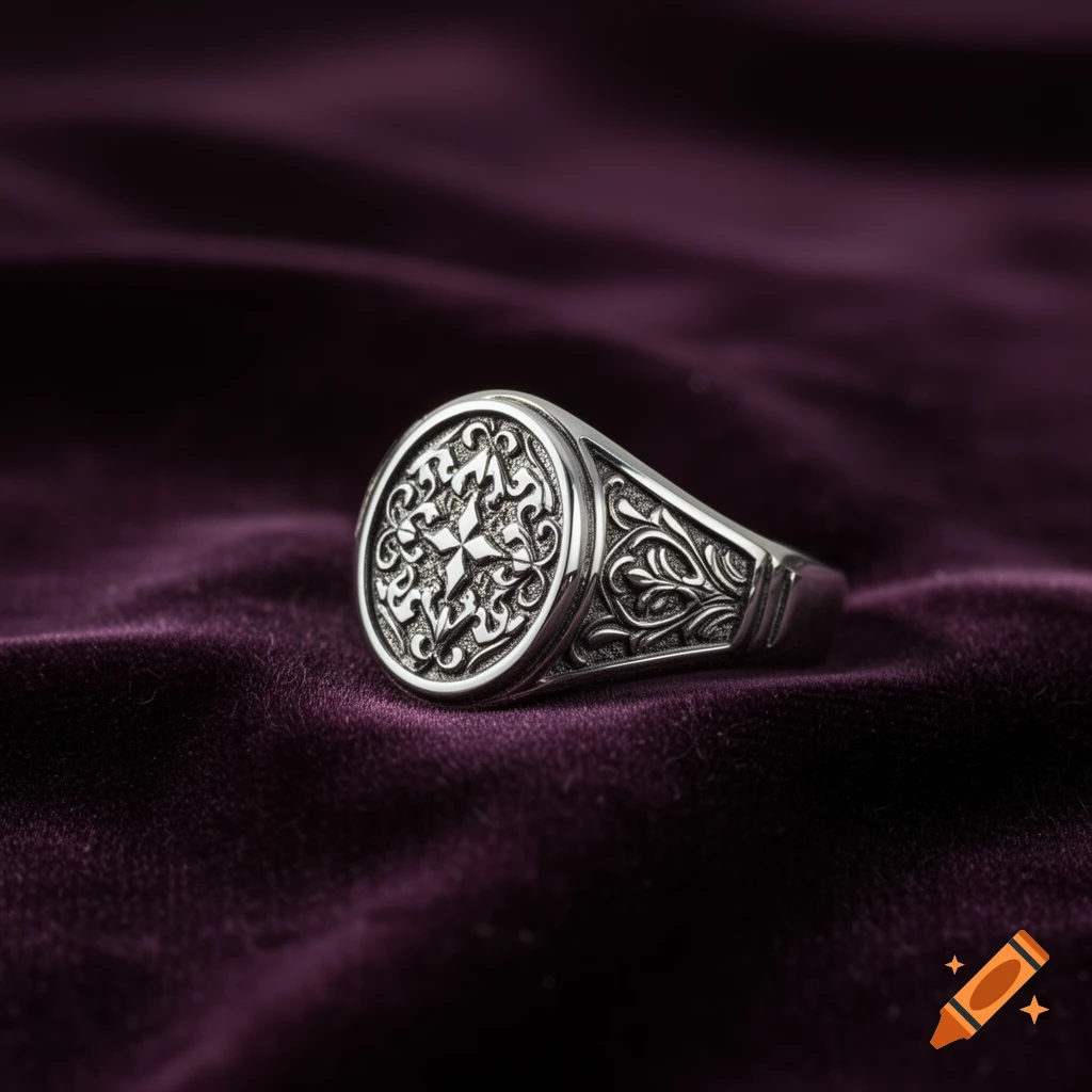A detailed silver signet ring with intricate patterns, including a star-like motif, resting on deep purple velvet.