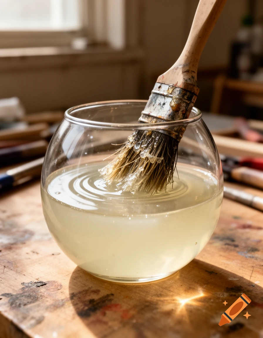 A used paintbrush dipped into a clear glass bowl filled with a yellowish liquid on a wooden table, creating ripples.