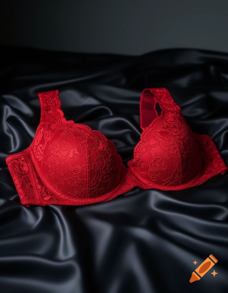 A red lace bra rests on dark, silky fabric.