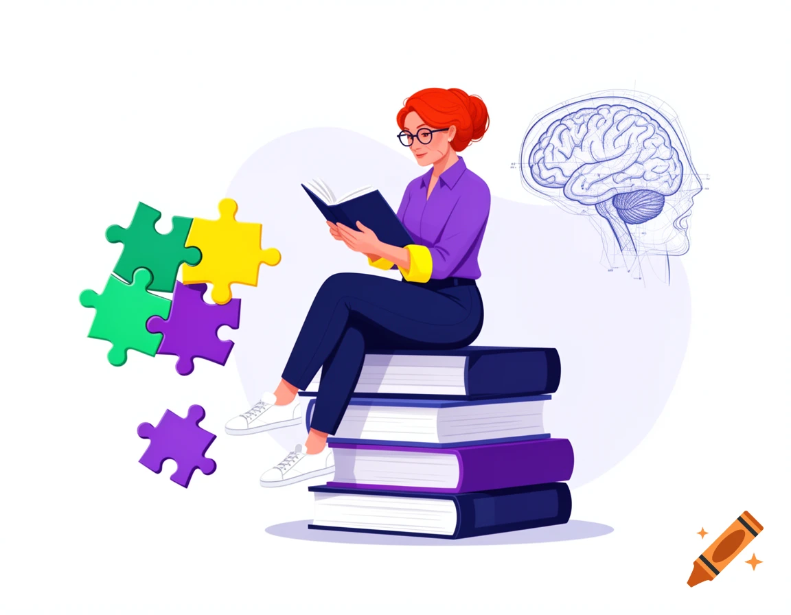 A stylized illustration of a woman with red hair and glasses reading a book while sitting on a stack of books, with puzzle pieces and a brain schematic nearby.